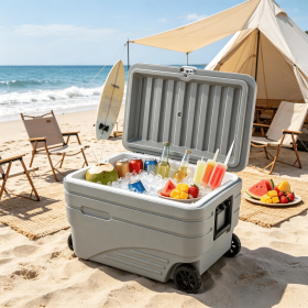 84-Quart Portable Wheeled Ice Cooler with Foldable Pull Handle for Easy Transport Large Capacity Picnic Cooler with Storage Compartment